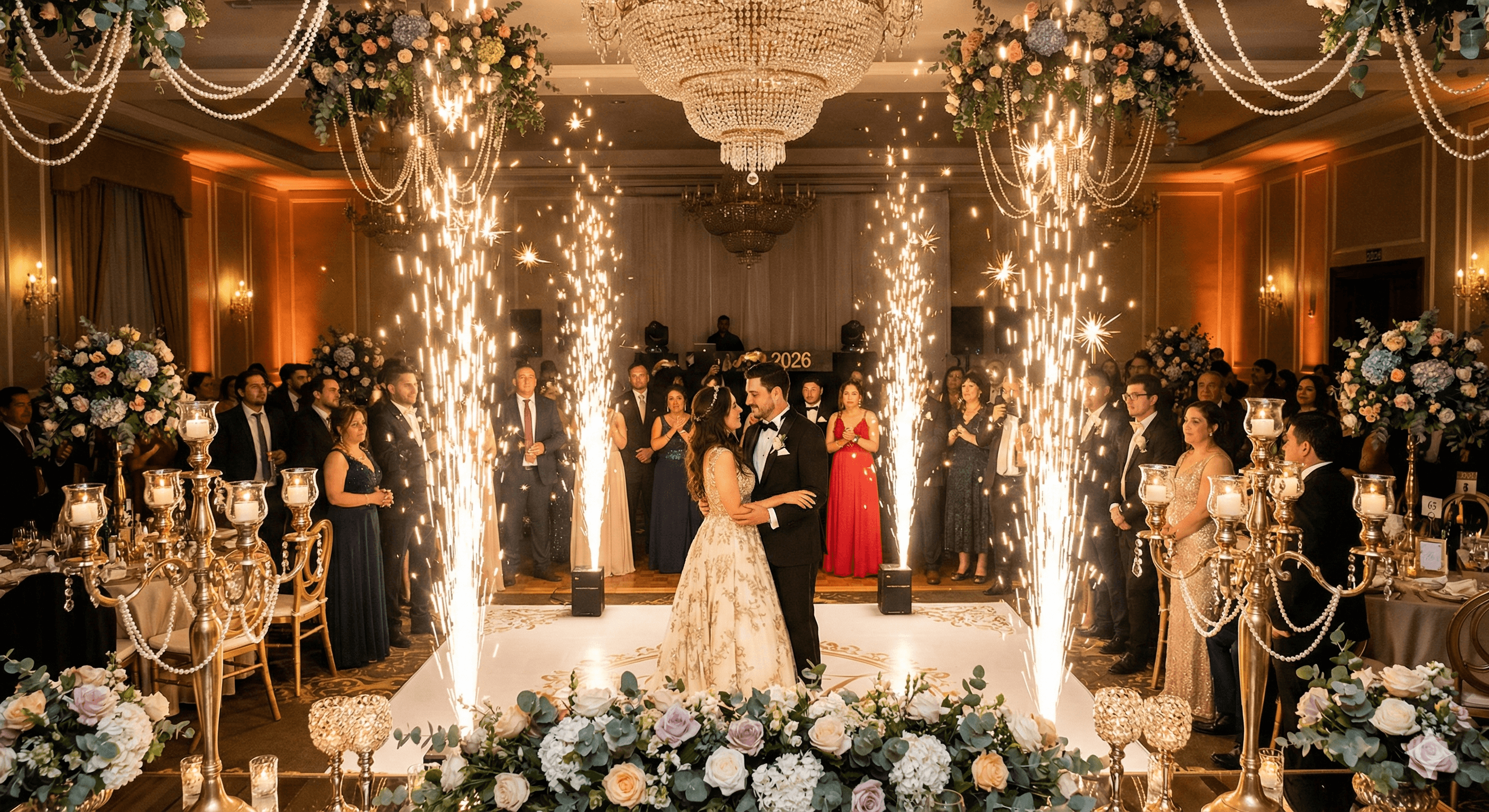 Primer baile de novios iluminado por chispas frías para matrimonios con decoración palaciega y elegante.